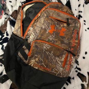 under armour camo/ orange backpack